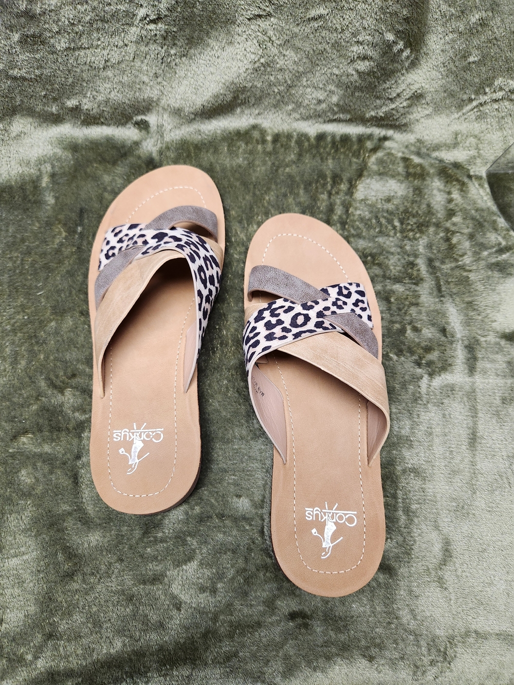Corkys Beige and Leopard Print Crossover Slide Sandals